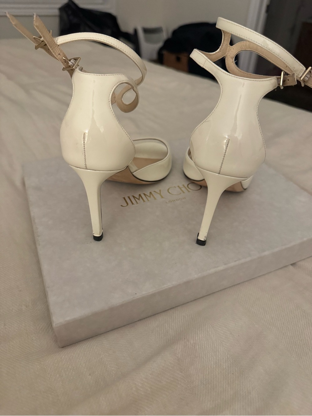 Jimmy Choo Cream Patent Leather Ankle‑Strap Stiletto Heels - Picture 7 of 9